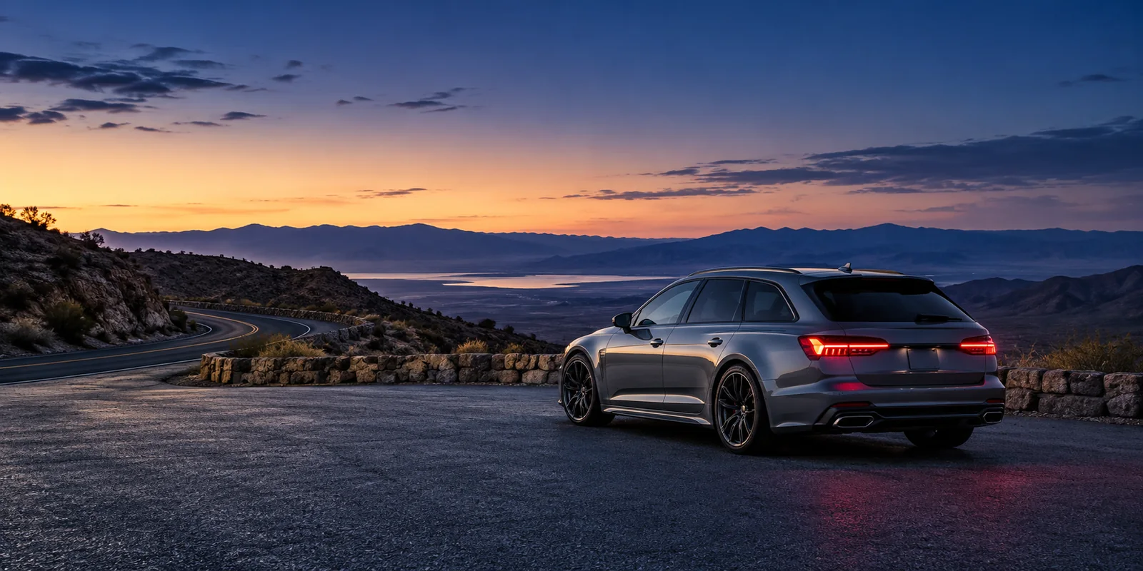 AI-generated concept of a graphite wagon parked at a desert overlook at blue hour