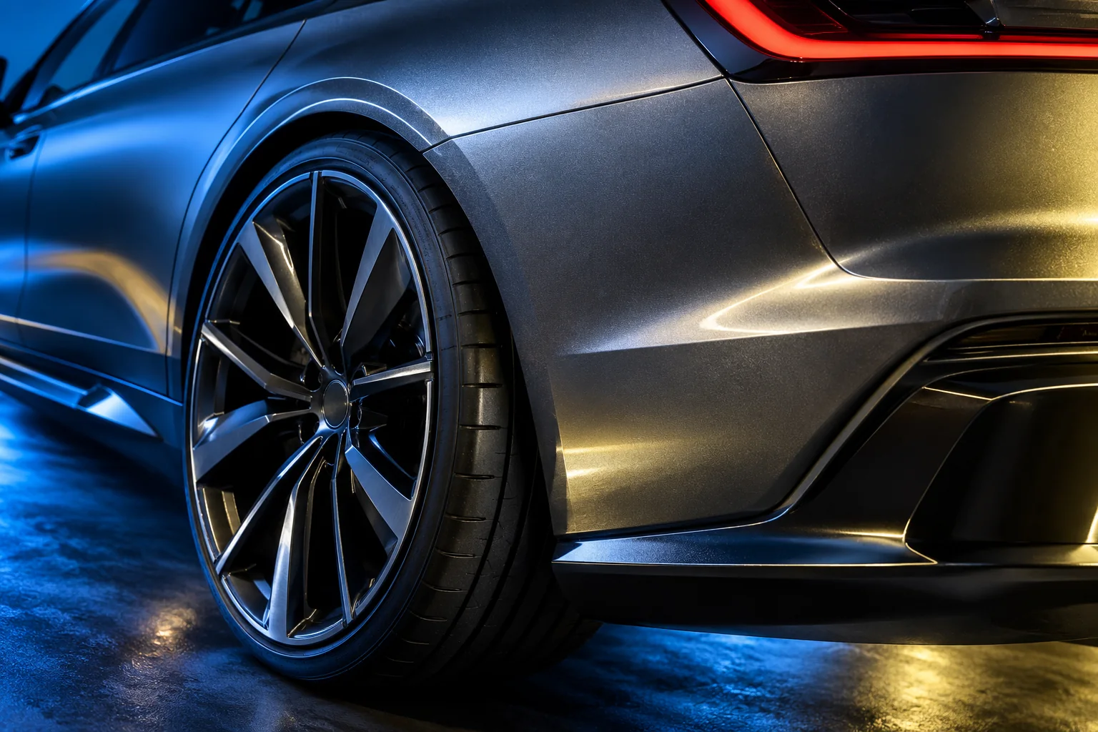 AI-generated concept detail of a graphite wagon’s wheel, bodywork and rear light